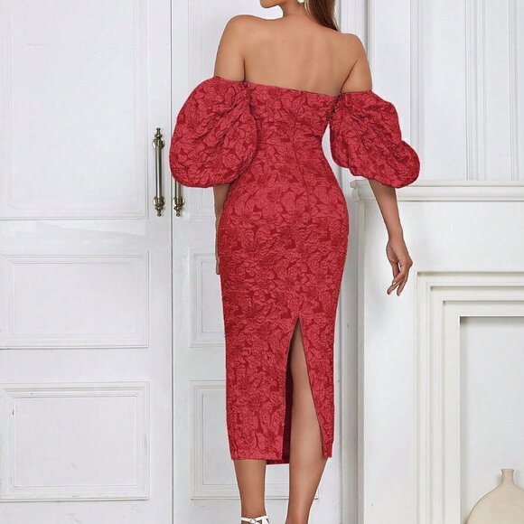 Red Preppy Womens Off Shoulder Puff Sleeve Split Back Floral Jacquard Dress - Picture 2 of 5